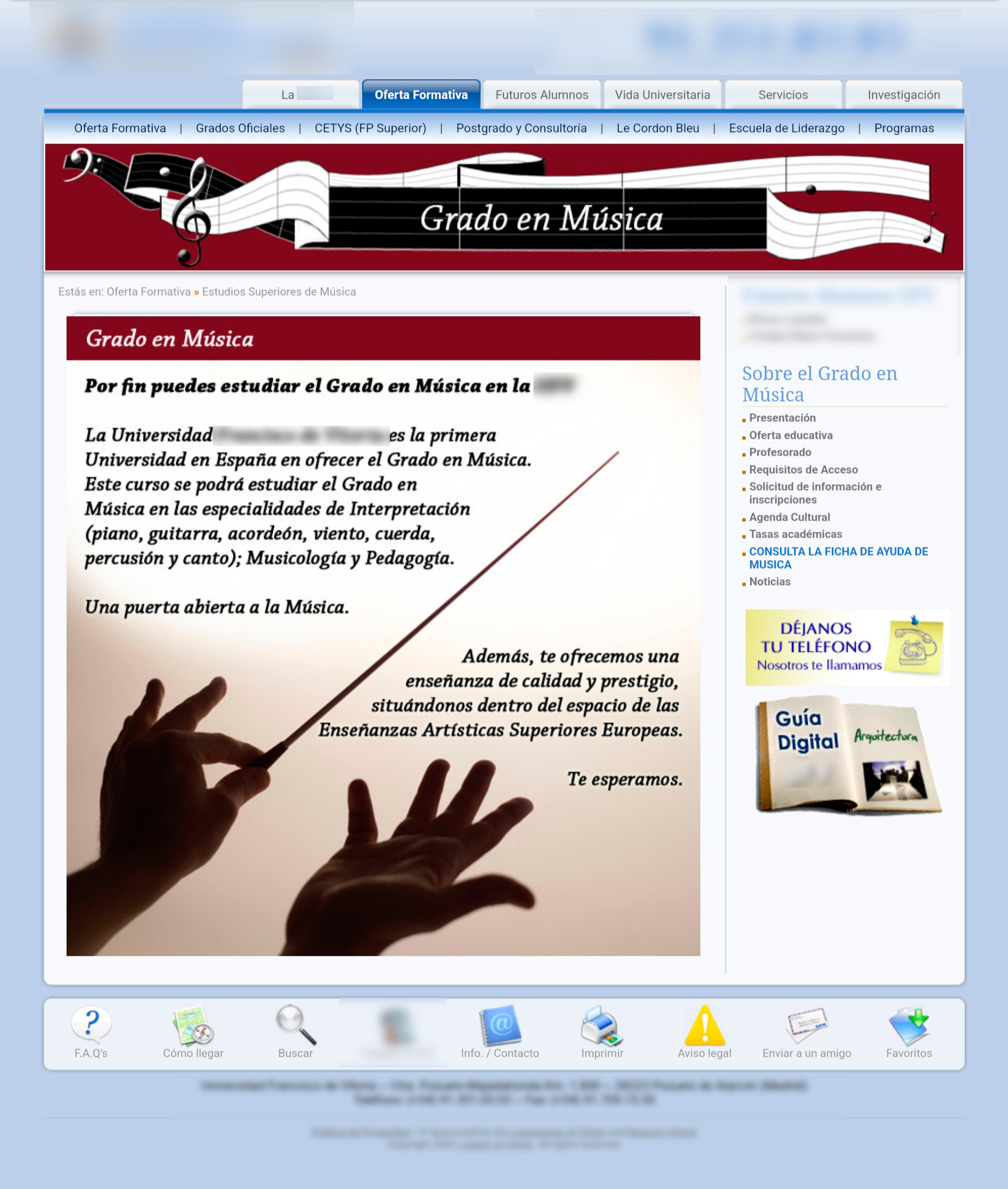Publicidad del Grado en Música en la web de la UFV - Imagen extraída de http://wayback.archive.org/